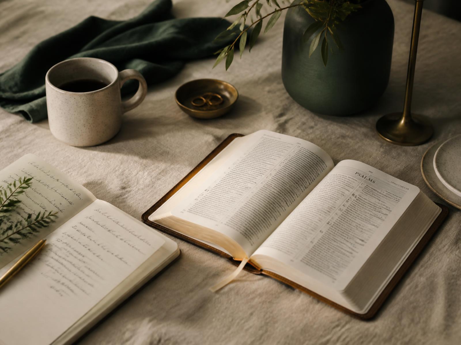 Biblia abierta y cuaderno de notas sobre una mesa de lino en la luz de la mañana
